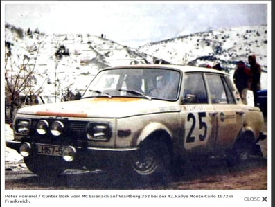 Peter Hommel - Günter Bork
42º Rallye Automobile de Monte-Carlo 1973. Wartburg 353 (LH67-51). Clasificado 38º.

Del 19 al 26 de Enero, Monte-Carlo.
Superficie: asfalto - nieve.

El Rally tenia un total de 4800 km de los que 456.50 km divididos en 18 tramos eran especiales, (2 ellas fueron canceladas SS10 Col de la Porte de 18.25 Km y SS11 La Cabanette de 18.25Km).

Tomaron la salida 278 equipos, finalizaron 51.@
Palabras clave: Wartburg;Montecarlo;1973