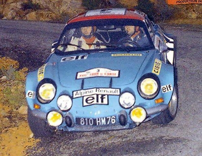 Bernard Darniche - Alain Mahé
17º Tour de Corse 1973. Alpine-Renault A110 1800 (810 HM 76). Abandonó por el diferencial del coche.

Del 1 al 2 de Diciembre, Ajaccio, Córcega, Francia.
Superficie: asfalto - nieve.

El Rally tenia un total de 1080 km de los que 511.70 km divididos en 21 tramos eran especiales.
8 de ellos fueron cancelados, de SS8 a SS15).
SS8 Argiusta - Forciolo de 15.40 km.
SS9 Bottacina - Cortichiato de 10.50 km.
SS10 Tavera - Bastelica de 17.10 km.
SS11 Bastelica - Cauro de 18.80 km.
SS12 Panelca - Ghisoni de 34.60 km.
SS13 Ghisoni - Cross de 16.60 km.
SS14 Muracciole - Rospigliani de 13.00 km.
SS15 Ponte Leccia - Morosaglia de 13.90 km.

Se inscribieron 50 equipos, tomaron la salida 50, finalizaron 22.
@
Palabras clave: ;Renault;Alpine;A110;Corcega;1973;Corse
