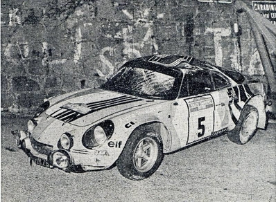 Bernard Darniche - Alain Mahe
15º Rally Sanremo 1973. Alpine-Renault A110 1800. Abandonó por accidente en SS1 Monte Ceppo 1 de 12 Km.

Del 10 al 13 de Octubre, Sanremo, Liguria, Imperia, Italia.
Superficie: asfalto - tierra.

El Rally tenia un total de 1791.00 km, de los que 369.30 km divididos en 37 tramos eran especiales (2 de ellas fueron canceladas, SS11 y SS16 Del Serre 1 y 2 de 7.5 km).

Se inscribieron 120 equipos, tomaron la salida 107, finalizaron 36.@
Palabras clave: ;Alpine;Renault;Sanremo;1973;Crash
