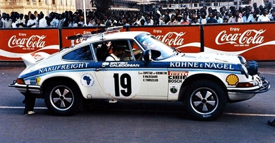 Björn Waldegard - Hans Thorszelius
22º East African Safari 1974. Porsche 911 Carrera RS (S-AR 7910). CLasificado 2º.
Chipsteads of Kensington

De 11 al 15 de Abril, Nairobi, Kenya, Africa.
Superficie: tierra.

El Rally tenia un total de 5557.00 km, desconocemos cuantos controles horarios habían.

Tomaron la salida 99 equipos, finalizaron 16.@
Palabras clave: Porsche;Carrera;Safari;1974
