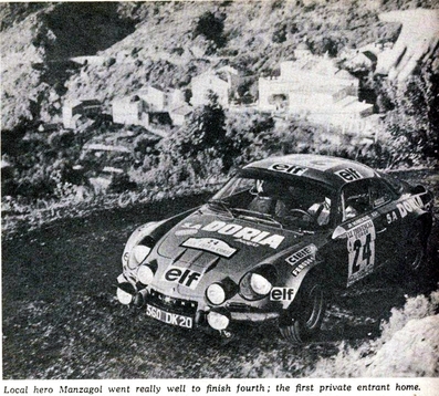 Jean-Pierre Manzagol - Jean-François Filippi
18º Tour de Corse 1974. Alpine-Renault A110 1800 (560 DK 20). Clasificado 4º.

Del 30 de Noviembre al 1 de Diciembre, Bastia, Córcega, Francia.
Superficie: asfalto.

El Rally tenia un total de 1292 km, de los que 374.90 km divididos en 14 tramos eran especiales.

Tomaron la salida 102 equipos, finalizaron 24.@
Palabras clave: ;Renault;Alpine;Corcega;1974;Corse