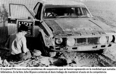 Evan Green â€“ John Bryson
Rally Londres-Sahara-Múnich 1974, Leyland P76, Clasificado 13º, Llegando a Adrar se entero que iba en 2º posiciòn, esto le hizo ir rà¡pidamente a tomar la salida del siguiente secciòn, olvidà¡ndose de reponer el agua, con lo que toda la secciòn la sed lo atormento@
Palabras clave: UDT;Londres;Sahara;Munich;1974;Leyland