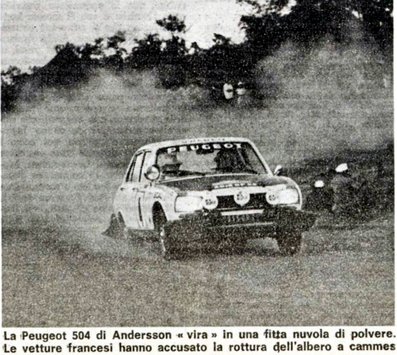 Ove Andersson - Arne Hertz
22º East African Safari 1974. Peugeot 504. Abandonó por motor.


De 11 al 15 de Abril, Nairobi, Kenya, Africa.
Superficie: tierra.

El Rally tenia un total de 5557.00 km, desconocemos cuantos controles horarios habían.

Tomaron la salida 99 equipos, finalizaron 16.@
Palabras clave: Ove_Andersson;Peugeot;Safari;1974