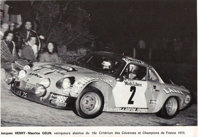 Jacques Henry - Maurice Gelin
18º Critérium des Cévennes 1975. Alpine-Renault A110 1800 (943 AKX 75). Clasificado 1º.

Del 22 al 23 de Noviembre, Vigan-Ganges.
Superficie: asfalto.

La prueba tenia un total de 577.00 km de los que 290.40 km divididos en 22 tramos eran especiales.

Tomaron la salida 165 equipos, finalizaron 66.@
Palabras clave: Jacques_Henry;Maurice_Gelin;Criterium_Cevennes;Renault;Alpine;A110;1975