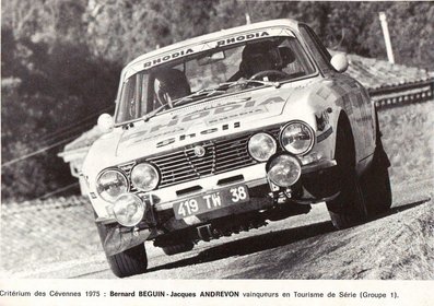 Bernard Béguin - Jacques Andrevon
18º Critérium des Cévennes 1975. Alfa Romeo 2000 GTV (419 TW 38). Clasificado 11º.

Del 22 al 23 de Noviembre, Vigan-Ganges.
Superficie: asfalto.

La prueba tenia un total de 577.00 km de los que 290.40 km divididos en 22 tramos eran especiales.

Tomaron la salida 165 equipos, finalizaron 66.@
Palabras clave: Bernard_Beguin;Jacques_Andrevon;Criterium_Cevennes;1975