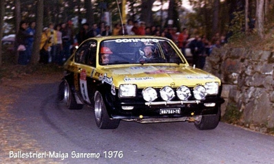 Amilcare Ballestrieri - Sergio Maiga
18º Rally Sanremo 1976. Opel Kadett GT/E 16V (TO N87561). Clasificado 5º.

Del 6 al 9 de Octubre, Sanremo, Imperia, Liguria, Italia.
Superficie: asfalto.

El Rally tenia un total de 1509 km de los que 780 Km divididos en 36 tramos eran especiales, (2 de ellos fueron cancelados SS9 y SS30).

Tomaron la salida 133 equipos, finalizaron 68.@
Palabras clave: ;Sergio_Maiga;Sanremo;Opel;Kadett;1976