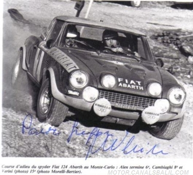 Maurizio Verini - Francesco Rossetti
44º Rallye Automobile de Monte-Carlo 1976. Fiat 124 Abarth Rallye (TO-M46460). Clasificado 15º.

Del 17 al 24 de Enero, Monte-Carlo.
Superficie: asfalto - nieve.

El Rally tenia un total de 4500 km de los que 530.50 km divididos en 23 tramos eran especiales.

Se inscribieron 163 equipos, tomaron la salida 148, finalizaron 84.@
Palabras clave: ;Fiat;Abarth;Montecarlo;1976
