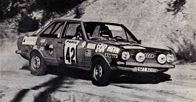 Alain Coppier - Jacques Henuzet
44º Rallye Automobile de Monte-Carlo 1976. Audi 80 GL (671 KZ 73). Clasificado 27º.
10º en Gr.1 y 1º en Clase 1.600.

Del 17 al 24 de Enero, Monte-Carlo.
Superficie: asfalto - nieve.

El Rally tenia un total de 4500 km de los que 530.50 km divididos en 23 tramos eran especiales.

Se inscribieron 163 equipos, tomaron la salida 148, finalizaron 84.
@
Palabras clave: ;Audi;Montecarlo;1976