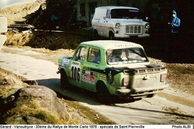 Dominique Gérard - J.J. Vahoutryve
44º Rallye Automobile de Monte-Carlo 1976. Simca Rally2. Clasificado 33º.

Del 17 al 24 de Enero, Monte-Carlo.
Superficie: asfalto - nieve.

El Rally tenia un total de 4500 km de los que 530.50 km divididos en 23 tramos eran especiales.

Se inscribieron 163 equipos, tomaron la salida 148, finalizaron 84.@
Palabras clave: Simca;Rallye;Montecarlo;1976