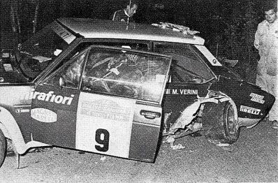 Maurizio Verini - Domenico (Ninni) Russo
18º Rallye Sanremo 1976. Fiat 131 Abarth (TO N92969). Abandonó quedando clasificado 43º.

Del 6 al 9 de Octubre, Sanremo, Imperia, Liguria, Italia.
Superficie: asfalto.

El Rally tenia un total de 1509 km de los que 780 Km divididos en 36 tramos eran especiales (2 de ellos fueron cancelados SS9 y SS30).

Tomaron la salida 133 equipos, finalizaron 68.@
Palabras clave: ;Fiat;Abarth;Sanremo;1976;Crash