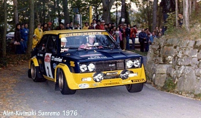 Markku Alén - Ilkka Kivimaki
18º Rallye Sanremo 1976. Fiat 131 Abarth (TO N94414). Abandonó por accidente.

Del 6 al 9 de Octubre, Sanremo, Imperia, Liguria, Italia.
Superficie: asfalto.

El Rally tenia un total de 1509 km de los que 780 Km divididos en 36 tramos eran especiales (2 de ellos fueron cancelados SS9 y SS30).

Tomaron la salida 133 equipos, finalizaron 68.@
Palabras clave: Markku_Alen;Fiat;Abarth;Sanremo;1976