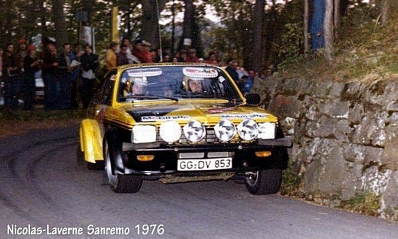 Jean-Pierre Nicolas - Vincent Laverne
18º Rallye Sanremo 1976. Opel Kadett GT/E 16V (GG-DV 853). Abandonó por el árbol de levas.

Del 6 al 9 de Octubre, Sanremo, Imperia, Liguria, Italia.
Superficie: asfalto.

El Rally tenia un total de 1509 km de los que 780 Km divididos en 36 tramos eran especiales (2 de ellos fueron cancelados SS9 y SS30).

Tomaron la salida 133 equipos, finalizaron 68.@
Palabras clave: ;Sanremo;Opel;Kadett;GT/E;1976