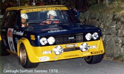 Roberto Cambiaghi - Emanuele Santfront
18º Rallye Sanremo 1976. Fiat 131 Abarth (TO P09981). Abandonó por el diferencial del coche.

Del 6 al 9 de Octubre, Sanremo, Imperia, Liguria, Italia.
Superficie: asfalto.

El Rally tenia un total de 1509 km de los que 780 Km divididos en 36 tramos eran especiales (2 de ellos fueron cancelados SS9 y SS30).

Tomaron la salida 133 equipos, finalizaron 68.@
Palabras clave: Roberto_Cambiaghi;Fiat;Abarth;Sanremo;1976