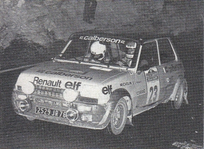 Jean Ragnotti - Jean-Marc Andrié
19º Rally Sanremo 1977. Renault 5 Alpine (2529 JR 76). Clasificado 7º.

Del 4 al 8 de Octubre, Sanremo, Liguria, Imperia, Italia.
Superficie: asfalto.

El Rally tenia un total de 1608 km de los que 867.35 km divididos en 33 tramos eran especiales, (3 de ellas fueron canceladas SS18 Melogno 2 de 15.30 Km, SS19 Giovetti 2 de 11.50 Km y SS20 Quazzo 2 de 11.90 Km).

Tomaron la salida 133 equipos, finalizaron 38.@
Palabras clave: ;Renault;Alpine;Sanremo;1977