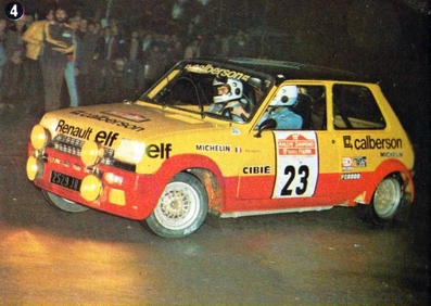 Jean Ragnotti - Jean-Marc Andrié
19º Rally Sanremo 1977. Renault 5 Alpine (2529 JR 76). Clasificado 7º.

Del 4 al 8 de Octubre, Sanremo, Liguria, Imperia, Italia.
Superficie: asfalto.

El Rally tenia un total de 1608 km de los que 867.35 km divididos en 33 tramos eran especiales, (3 de ellas fueron canceladas SS18 Melogno 2 de 15.30 Km, SS19 Giovetti 2 de 11.50 Km y SS20 Quazzo 2 de 11.90 Km).

Tomaron la salida 133 equipos, finalizaron 38.@
Palabras clave: ;Renault;Alpine;Sanremo;1977