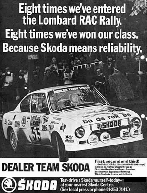John Haugland - Robert Saunders
26º Lombard RAC Rally 1977. Skoda 130 RS. Clasificado 23º.

Del 20 al 24 de Noviembre, London, York, Inglaterra.
Superficie: tierra - asfalto.

El Rally tenia un total de 3069 km de los que 674.45 km divididos en 69 tramos eran especiales, (2 de ellas fueron canceladas SS54 Cardrona de 9,66 Km y SS56 Elibank de 6,44 Km).

Tomaron la salida 182 equipos, finalizaron 67.@
Palabras clave: Skoda;RAC_Rally;Gran_Bretaña;1977;Inglaterra