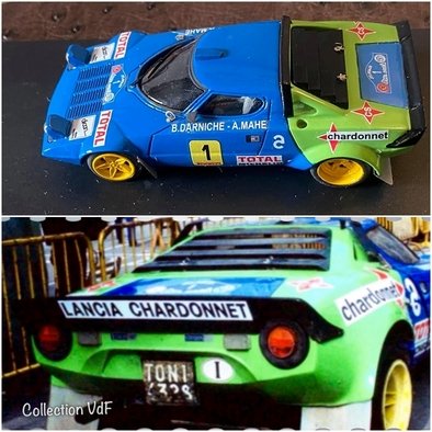 25º Rally Costa Brava 1977
Lancia Stratos de Bernard Darniche - Alain Mahé. Abandonó por la siguiente historia que cuento a continuación.

Bernard Darniche se detiene en el Control Stop del tramo de Collsaplana, al poco rato llega a fondo Jean-Claude Andruet - Michèle Espinos-Petit ("Biche") con su Fiat 131 Abarth, llevándose por delante el Stratos de Darniche. Los resultados del choque fueron que el Fiat 131 Abarth de Andruet no pudo continuar en competición y que su copiloto "Biche" quedó resentida de una antigua lesión en la columna y estuvo varios rallyes sin poder participar, todos los demás involucrados afortunadamente sin mas consecuencias personales. El Stratos de Darniche aunque bastante mal trecho, por el momento, pudo seguir en competición.

Jorge de Bagration, (todo un caballero), que participaba en el Rallye con su Lancia Stratos, presta el capo trasero que tenía de repuesto al Equipo de Darniche. Éstos últimos tapan como pueden la publicidad de CS que llevaba Bagration, competencia con la que llevaba Darniche, TOTAL.

Desgraciadamente al final las secuelas derivadas del choque en ese control horario, hacen abandonar al Equipo Darniche - Biche, ganando finalmente el Rallye Beny Fernández - Antonio Doural con su Ford Escort RS 1800 MKII. Bagration - Barbeito finalizaron la prueba en segundo lugar.

Del 18 al 20 de Febrero. Coef.4
Puntuable para el campeonato Europa de Rallyes para conductores.
El Rally tenia un total de 1020.3 Km de los que 273.12 Km divididos en 20 tramos eran especiales.
Se inscribieron 127, tomaron la salida 110, finalizaron 61.

La foto superior es una miniatura a escala 1/43 realizada por Alexis. La inferior es la única que he podido conseguir original del Stratos de Darniche en ese Rallye.

Photos conseguidas en Facebook de Vincent de Fresquet publicadas en STRATOS FANS con la inestimable información del suceso de nuestro amigo Joan Al.
@
Palabras clave: Darniche;Lancia;Stratos;Historias;Costa_Brava;1977