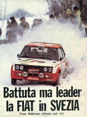 Timo Mäkinen - Henry Liddon
27º Internacional Suecia Rally 1977. Fiat 131 Abarth (TO-N92968). Abandonó por el distribuidor.

Del 11 al 13 de Febrero, Karlstad.
Superficie: nieve - hielo

El Rally tenia un total de 1522.00 km de los que 736.20 km eran de tramos especiales.

Tomaron la salida 175 equipos, finalizaron 37.@
Palabras clave: Timo_Mäkinen;Fiat;Abarth;Suecia;nieve;1977