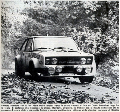 Bernard Darniche - Alain Mahe
22º Tour de Corse 1978. Fiat 131 Abarth (TO R19730). Clasificado 1º.

Del 4 al 5 de Noviembre, Ajaccio, Francia.
Superficie: asfalto.

El Rally tenia un total de 1166 km de los que 533 km divididos en 10 tramos, eran especiales.

En esta edición hab­ian 4 tramos de casi 100 Km
SS3 Le Fango - St Sauveur de 85.80 Km
SS5 Moca - Abbazia de 99 Km
SS8 St Antoine - Pont St Lauren de 97.60 Km
SS9 Ponte Nuovo - Pianiccia de 88.20 Km

Tomaron la salida 116 equipos, finalizaron 37.
@
Palabras clave: ;Fiat;Abarth;Corse;Corcega;1978
