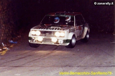 Maurizio Verini - Arnaldo Bernacchini
20º Rallye Sanremo 1978. Fiat 131 Abarth (TO R19730). Clasificado 2º.

Del 3 al 7 de Octubre, Sanremo, Liguria, Imperia, Italia.
Superficie: asfalto.

El Rally tenia un total de 1663.80 km de los que 893.80 km divididos en 56 tramos eran especiales, (1 fue cancelado, SS25 Santuario 1 de 7.30 km).

Se inscribieron 135 equipos, tomaron la salida 122, finalizaron 56.@
Palabras clave: ;Fiat;Abarth;Sanremo;1978