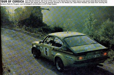 Jean-Pierre Nicolas - Vincent Laverne
22º Tour de Corse 1978. Opel Kadett GT/E (GG-DY 914). Clasificado 7º.

En esta edición habí­an 4 tramos de casi 100 Km
SS3 Le Fango - St Sauveur de 85.80 Km
SS5 Moca - Abbazia de 99 Km
SS8 St Antoine - Pont St Lauren de 97.60 Km
SS9 Ponte Nuovo - Pianiccia de 88.20 Km.

Del 4 al 5 de Noviembre, Ajaccio, Córcega, Francia.
Superficie: asfalto.

El Rally tenia un total de 1166.00 km de los que 543.10 km divididos en 10 tramos eran especiales.

Tomaron la salida 116 equipos, finalizaron 37.@
Palabras clave: ;Opel;Kadett;Gt/E;Corse;Corcega;1978