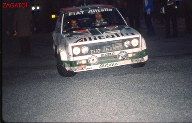 Maurizio Verini - Francesco Rossetti
46º Rallye Automobile de Monte-Carlo 1978. Fiat 131 Abarth (TO R19730). Clasificado 8º.

Del 21 al 27 de Enero, Monte-Carlo.
Superficie: asfalto - nieve.

El Rally tenia un total de 4600 km de los que 570 km divididos en 29 tramos eran especiales (5 de ellas fueron canceladas SS8 Col du Fanget de 10 Km, SS10 Serre Chevalier de 10 Km, SS11 Col du Lautaret de 15 Km, SS14 Saint Pierreville de 16 Km y SS15 Burzet de 44 Km).

Se inscribieron 231 equipos, tomaron la salida 216, finalizaron 129.@
Palabras clave: ;Fiat;Abarth;Montecarlo;1978
