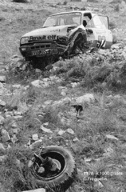 Guy Frequelin - Jacques Delaval
Rallye 1000 Pistes 1978. Renault 5 Alpuine. Retirado por accidente.
Foto estado en que quedò el coche.@
Palabras clave: ;Renault;Alpine;1978;crash