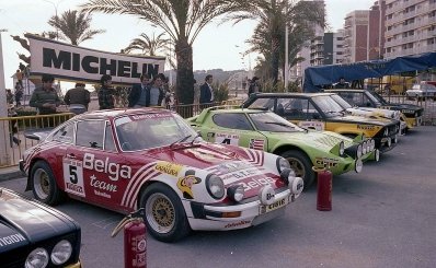 Parque Cerrado del 27º Rally Costa Brava 1979
Desde el fondo:
Zanini (Fiat), Wittmann, (Porsche), 