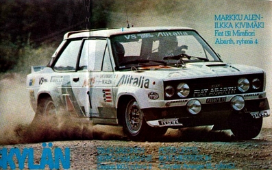 Markku Alén - Ilkka Kivimäki
29º Jyväskylän Suurajot - Rally de los 1000 Lagos 1979. Fiat 131 Abarth (TO P35975). Clasificado 1º.

Del 24 al 28 de Agosto, Jyväskylä, Finlandia.
Superficie: tierra.

El Rally tenia un total de 1448.50 km de los que 423.50 km divididos en 45 tramos eran especiales (2 de ellas fueron canceladas SS20 y SS29).

Se inscribieron 133, tomaron la salida 128, finalizaron 74.@
Palabras clave: Markku_Alen;Fiat;Abarth;Finlandia;1979