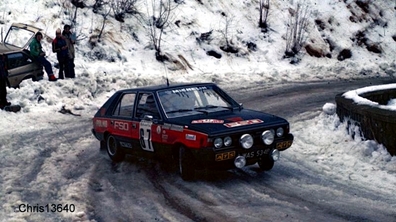 Andrzej Jaroszewicz - Ryszard Zyszkowski
47º Rallye Automobile de Monte-Carlo 1979. FSO Polonez 2000 (WAS 534B). Clasificado 53º.

Del 20 al 26 de Enero, Monte-Carlo.
Superficie: asfalto - nieve.

El Rally tenia un total de 4840 km de los que 619 km divididos en 30 tramos, eran especiales (1 de ellos fue cancelado SS13 St Barthelemy de 19 Km).

Se inscribieron 255 equipos, tomaron la salida 233, finalizaron 84.@
Palabras clave: FSO;Polonez;Montecarlo;1979;Nieve