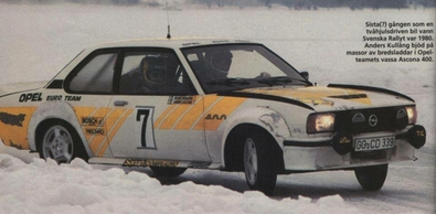 Anders Kulläng - Bruno Berglund
30º International Swedish Rally 1980. Opel Ascona 400 (GG-CD 339). Clasificado 1º.

Del 15 al 17 de Febrero, Stockholm, Karlstad, Suecia.
Superficie: nieve - hielo.

El Rally constaba de 413.50 km cronometrados divididos en 3 etapas y 29 tramos especiales.

Tomaron la salida 146 equipos, finalizaron 79.@
Palabras clave: Kullang;Opel;Ascona;Suecia;1980;Nieve