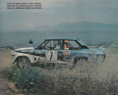 Markku Alén - Ilkka Kivimäki
27º Acropolis Rally 1980. Fiat 131 Abarth (TO R92449). Clasificado 3º.

Del 26 al 29 de Mayo, Atenas, Grecia.
Superficie: tierra.

El Rally tenia un total de 2743.86 km de los que 964 km divididos en 56 tramos eran especiales, (una de ellas fue cancelada SS55 Railway de 9,20 Km).

Se inscribieron 154 equipos, tomaron la salida 148, finalizaron 37.@
Palabras clave: Markku_Alen;Fiat;Abarth;Acropolis;1980