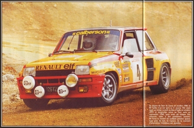 Jean Ragnotti - Jean-Marc Andrié
24º Tour de Corse - Rallye de France 1980. Renault 5 Turbo (126 TZ 91). Abandonó por el alternador en SS14 St Roch - Suariccio de 78.40 Km.

Del 24 al 25 de Octubre, Ajaccio, Córcega, Francia.
Superficie: asfalto.asphalt 1128.10 km

El Rally tenia un total de 1603 km de los que 1128.10 km divididos en 18 tramos eran especiales.

Kilómetros de algunos de los tramos:
SS2 Acqua d'Oria - Bicchisano de 69.10 km
SS5 Liamone - Suaricchio de 83.70 km
SS6 Santa Maria - Abbazia de 114.20 km
SS8 Aullene de 81.80 km
SS9 Muracciole - Pont St Laurent de 84.20 km
SS11 Barchetta - Ponte Nuovo de 80.10 km
SS12 Moltifao - Montegrosso de 78.80 km
SS13 Calvi - Marignana de 95.30 km
SS14 St Roch - Suariccio de 78.40 km
SS17 Quenza - Santa Giulia de 86.50 km
SS18 Calvese - Agosta de 58.80 km

Se inscribieron 133, tomaron la salida 122, finalizaron 16.
@
Palabras clave: ;Corse;Corcega;Renault;Turbo;1980