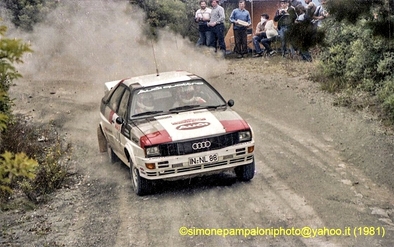 Michèle Mouton - Fabrizia Pons
23º Rally de Sanremo 1981. Audi Quattro (IN-NL 88). Clasificada 1ª.

Era la primera vez que una mujer ganaba una prueba del Mundial de Rallyes.... GRANDE MICHELE Y FABRIZIA !!!!

Del 5 y el 10 de Octubre, Sanremo, Italia.
Superficie: asfalto - tierra.

El Rally tenia un total de 2847 km de los que 751 km divididos en 61 tramos eran especiales, (2 de ellas fueron canceladas SS51 y SS56 San Romolo).

Tomaron la salida 63 equipos, finalizaron 27.
@
Palabras clave: Michele_Mouton;Audi;Quattro;Sanremo;1981;Mujeres;Womens