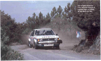 Henri Toivonen - Fred Gallagher
23º Rallye Sanremo 1981. Talbot Sunbeam Lotus (NVC 777W). Clasificado 2º.

Del 5 al 10 de Octubre, Sanremo, Imperia, Liguria, Italia.
Superficie: asfalto - tierra.

El Rally tenia un total de 2792.00 km de los que 751.06 km divididos en 61 tramos eran especiales, (2 de ellas fueron canceladas SS51 Upega de 12.35 km y SS56 San Romolo de 34.95 km).

Tomaron la salida 63 equipos, finalizaron 27.@
Palabras clave: Henri_Toivonen;Talbot;Sunbeam;Lotus;Sanremo;1981