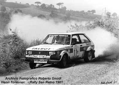 Henri Toivonen - Fred Gallagher
23º Rallye Sanremo 1981. Talbot Sunbeam Lotus (NVC 777W). Clasificado 2º.

Del 5 al 10 de Octubre, Sanremo, Imperia, Liguria, Italia.
Superficie: asfalto - tierra.

El Rally tenia un total de 2792.00 km de los que 751.06 km divididos en 61 tramos eran especiales, (2 de ellas fueron canceladas SS51 Upega de 12.35 km y SS56 San Romolo de 34.95 km).

Tomaron la salida 63 equipos, finalizaron 27.

Foto 2 de 2.
© Roberto Gnudi
@@
Palabras clave: Henri_Toivonen;Antero_Lindqvist;Talbot;Sunbeam;Lotus;Sanremo;1981