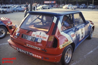 Alain Coppier - Josepha Laloz
25º Tour de Corse - Rallye de France 1981. Renault 5 Turbo (3765 VW 38). Abandonó por conato de incendio en SS5 Liamone - Suaricchio de 83.70 Km.

Del 30 de Abril al 2 de Mayo, Ajaccio, Córcega, Francia.
Superficie: asfalto.

El Rally tenia un total de 1613.00 km de los que 1144.60 km divididos en 24 tramos, eran especiales.

Se inscribieron 126 equipos, tomaron la salida 120, finalizaron 42.@
Palabras clave: ;Renault;Turbo;Corse;Corcega;1981