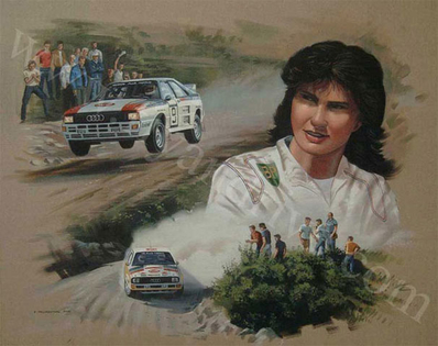 Michèle Mouton
Piloto Oficial del equipo Audi Sport

En 1981 la fichó Audi para probar el nuevo modelo Quattro Sport del Grupo 4 y para secundar a Hannu Mikkola en la búsqueda del tí­tulo mundial.

En su debut entró en la historia del Campeonato Mundial de Rally al ser la primera mujer (y la única) en ganar una prueba del Campeonato Mundial de Rallyes; fue en el Rally de San Remo, en octubre de ese año.

En 1982 hace equipo con Stig Blomqvist y junto con Hannu Mikkola marcan el ritmo del Campeonato desde el inicio de la temporada, con el segundo lugar de Mikkola en el Rally de Monte-Carlo y la victoria de Blomqvist en el Rally de Suecia.

Mouton suma tres victorias más a su historial:
El Rally de Portugal, el Rally de Brasil y el Rally Acrópolis, sin embargo por la inconsistencia del del Audi Quattro que conducí­a, dejó el tí­tulo en manos de su rival, Walter Röhrl, quien se coronó Campeón del Mundo durante el Rally de Costa de Marfil, Mouton terminó como subcampeona, el mejor lugar en la historia del Campeonato Mundial para una mujer.
Palabras clave: Michele_Mouton;Personajes;1981;Dibujos;Mundo_Rally_Retro