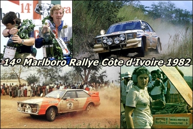 14º Marlboro Rallye Côte d'Ivoire 1982. 
Era la 12ª prueba de las 13 que constaba ese año el Mundial de Rallyes.
Ese año la reglamentación del Mundial para pilotos solo se sumaban los 7 mejores resultados.
Mouton (Audi Quattro) tenía una cómoda ventaja de 19 puntos sobre Walter Rohrl (Opel Ascona 400) y 30 sobre sus compañeros de Equipo Hannu Mikkola y Stig Blomqvist.

Tanto el Equipo de Mouton (Audi Sport) como el de Rohrl (Rothmans Opel Rally Team) inscribieron coches de apoyo para esta prueba.
En el Equipo Audi, Roland Gumpert ((ingeniero y director deportivo del Equipo Audi Sport) hizo de copiloto de Hannu Mikkola. Llegaron fuera de tiempo en la primera etapa conscientes de lo que hací­an, para así hacer de asistencia rápida a Michèle Mouton.
Cada mecánico, el mismo Hannu Mikkola y hasta Stig Blomqvist colaboraron en la asistencia del Audi Quattro con dorsal 2 y placa IN-NU 40 de Michèle Mouton y Fabrizia Pons para intentar conseguir que se proclamaran Campeonas del Mundo de Rallyes.

Las 1ª etapa de 4 transcurrió sin problemas serios para Mouton y Rohrl.

En la 2ª etapa el Equipo Audi empezó a tener problemas.
Hannu Mikkola (que hacía de asistencia rápida a Mouton) tuvo problemas con el diferencial trasero y aun siguiendo en competición con tan solo la tracción delantera, poco tardaron en romperla, teniendo que ser rescatados junto a la frontera de Guinea.

Walter perdió mucho tiempo por problemas en la suspensión trasera, así que cuando se llegó al final de ésta 2ª etapa, Mouton lideraba el rally con 59 minutos de ventaja. Pero no estaba todo hecho, la caja de cambios no funcionaba del todo bien y decidieron cambiarla en la siguiente etapa.

La 3ª etapa resultó ser un mal sueño dentro del bosque "Tai".
Casi todos los Equipos sufrieron problemas; Michele rompió un palier que pudo cambiar sin mayores problemas, pero la sustitución de la caja de cambios fue un desastre.
Cambiaron la caja de cambios bastante rápido, en unos 20 minutos. Entonces Mouton subió al coche y vio que no entraban las marchas, ni había embrague, ni nada de nada.
Mouton: "Aun puedo ver a los mecánicos debajo del capot gritando: Debería funcionar !, y yo diciéndoles, pues no funciona !... Perdí bastante tiempo, y aunque seguía siendo líder ya no quedaba casi ventaja.”

En todo esto, Walter Röhrl - Christian Geistdörfer tenían problemas de motor en su Opel...

La salida de la 4ª y última etapa se daba a las 4 de la mañana entre una espesa niebla que lo rodeaba todo.
Dicha niebla, junto a la humedad que produce, intervino sin duda alguna en que el Audi de Mouton no quisiera arrancar. El Equipo Audi, después de intentar todo, tuvieron que empujar el coche para conseguir arrancarlo... no sin haber perdido un precioso tiempo en todo ello.

Sabían que tenían que atacar sí o sí... y en ello estaban Michèle y Fabrizia...
Mouton: "Había una especie de estacionamiento y pensé que era un espacio abierto donde teníamos que girar, según el roadbook... no lo era. Dimos una vuelta de campana, era posible continuar pero el coche estaba seriamente dañado. Al poco rato de intentar seguir en competición, el coche se paró. Cuando llegó la asistencia Audi, nos comunicaron que no había nada que hacer y tuvimos que abandonar definitivamente”
“Pero este Costa de Marfil no era importante para mi.
Verás... una hora mas o menos antes de la salida, cuando estaba haciendo una entrevista para TV, recibí una llamada urgente desde Francia. Era mi madre, mi padre acababa de fallecer. Le dije a mi madre que pediría al equipo irme inmediatamente para tomar el primer avión, pero mi madre me dijo que no, que debería correr el rally por él. Así que no dije nada y solo piloté. Pero cuando empezó toda la presión con los problemas de caja de cambios y las penalizaciones, empecé asumir lo ocurrido.”
“Lo di todo desde el principio, y cuando lideraba todo estaba perfecto. Pasado el tiempo, me da pena haber perdido el rally y el titulo, pero nunca tanta como haber perdido a mi padre. Él era todo para mi y gracias a él llegue a las carreras”.

Walter Röhrl y Christian Geistdörfer acabaron ganando el Rallye proclamándose Campeones del Mundo por 2ª vez de 4.

WALTER ROHRL HABLANDO DE MOUTON Y ESE AÑO 1982...

"Fue un año destacado cuando ambos peleamos por el título Mundial. Después de una temporada muy disputada, la decisión la tendría el Rally de Bandama. Una serie de circunstancias desafortunadas provocaron la falla de Michèle, produciendo que Christian y yo pudiéramos proclamarnos Campeones del Mundo.
De alguna manera me dio pena, y hasta dia de hoy, siento que ella lo tendría que haber conseguido. A mi no me importaba tanto el título, pero Michèle habría pasado a la historia como el único Campeón Mundial de rallyes femenino. Ella realmente merecía el título".

Del 27 de Octubre al 1 de Noviembre, Abidjan, Costa d'Ivori, África.
Superficie: tierra.
El Rally tenia un total de 4935.51 km con 54 controles horarios.
Tomaron la salida 51 equipos, finalizaron 6.
Palabras clave: Michele_Mouton;Walter_Röhrl;Opel;Ascona;Audi;Quattro;Cote_Ivory;Costa_Marfil;Africa;1982;Womens;Mujeres;Personajes;Historias