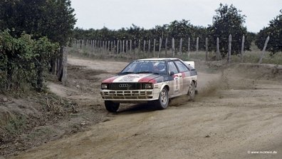 Michèle Mouton - Fabrizia Pons
4º Marlboro Rallye de Brasil 1982. Audi Quattro (IN-NU 38). Clasificada 1ª.

Último Rallye válido para el campeonato del Mundo ganado por Michèle Mouton.

Del 11 al 14 de Agosto, Sao Paulo, Brasil.
Superficie: tierra.

El Rally tenia un total de 2295 km de los que 705.98 km divididos en 29 tramos eran especiales, (5 de ellas fueron canceladas, SS7, SS14, SS15, SS20 y SS22).

Tomaron la salida 55 equipos, finalizaron 5.

© McKlein.@@
Palabras clave: Michele_Mouton;Audi;Quattro;Brasil;1982