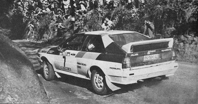 Michèle Mouton - Fabrizia Pons
16º Rallye de Portugal Vinho do Porto 1982. Audi Quattro (IN-NH 42). Clasificada 1ª.

Del 3 al 6 de Marzo, Estoril, Cascais, Lisboa, Portugal.
Superficie: asfalto - tierra.

El Rally tenia un total 2312 km de los que 637.07 km divididos 40 tramos eran especiales.

Se inscribieron 107 equipos, tomaron 91, finalizaron 23.@
Palabras clave: Michele_Mouton;Audi;Quattro;Portugal;1982