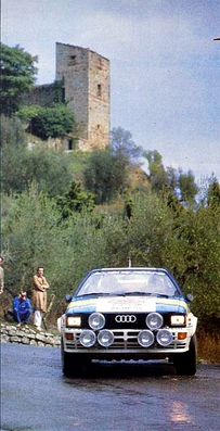 Stig Blomqvist - Björn Cederberg
24º Rally de Sanremo 1982. Audi Quattro (IN-NK 54). Clasificado 1º.

Del 3 al 9 de Octubre, Sanremo, Imperia, Liguria, Italia.
Superficie: asfalto - tierra.
El Rally tenia un total de 2663 km de los que 735.44 km divididos en 56 tramos eran especiales.
Tomaron la salida 90 equipos, finalizaron 27.@
Palabras clave: Stig_Blomqvist;Audi;Quattro;Grupo_B;Sanremo;1982