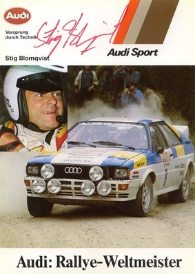 Stig Blomqvist - Björn Cederberg
24º Rally de Sanremo 1982. Audi Quattro (IN-NK 54). Clasificado 1º.

Del 3 al 9 de Octubre, Sanremo, Imperia, Liguria, Italia.
Superficie: asfalto - tierra.

El Rally tenia un total de 2663 km de los que 735.44 km divididos en 56 tramos eran especiales.

Tomaron la salida 90 equipos, finalizaron 27.@
Palabras clave: Stig_Blomqvist;Audi;Quattro;Grupo_B;Sanremo;1982;Personajes