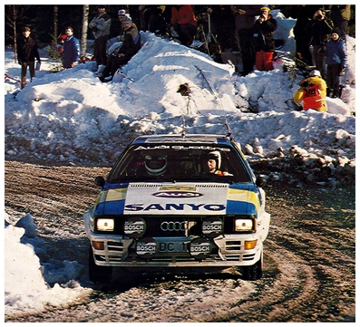 Stig Blomqvist - Bjorn Cederberg
32º International Swedish Rally 1982. Audi Quattro (N-DC 163). Clasificado 1º.

Del 12 al 14 de Febrero, Karlstad, Suecia.
Superficie: nieve - hielo.

El Rally tenia un total de 1390.00 km de los que 366.51 km divididos en 25 tramos eran especiales (2 de ellas fueron canceladas SS11 Rada de 6 Km y SS14 Klaralven de 8 Km).

Tomaron la salida 116 equipos, finalizaron 68.@
Palabras clave: Stig_Blomqvist;Audi;Quattro;Suecia;grupo_B;nieve;1982