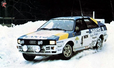 Stig Blomqvist - Bjorn Cederberg
32º International Swedish Rally 1982. Audi Quattro (N-DC 163). Clasificado 1º.

Del 12 al 14 de Febrero, Karlstad, Suecia.
Superficie: nieve - hielo.

El Rally tenia un total de 1390.00 km de los que 366.51 km divididos en 25 tramos eran especiales (2 de ellas fueron canceladas SS11 Rada de 6 Km y SS14 Klaralven de 8 Km).

Tomaron la salida 116 equipos, finalizaron 68.@
Palabras clave: Stig_Blomqvist;Audi;Quattro;Suecia;grupo_B;nieve;1982