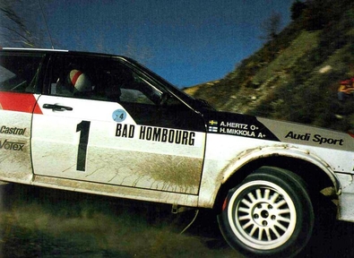 Hannu Mikkola - Arne Hertz
50º Rallye Automobile de Monte-Carlo 1982. Audi Quattro (IN-ND 78). Clasificado 2º.

Del 16 al 22 de Enero, Monte Carlo.
Superficie: asfalto - nieve.

El Rally tenia un total de 4082.71 km de los que 747.81 km divididos en 32 tramos eran especiales, (2 de ellas fueron canceladas SS7 Trigance - Chateauvieux 1 de 28,53 Km y SS15 St Jean en Royans - La Chapelle en Vercors de 38,67 Km).

Se inscribieron 306 equipos, tomaron la salida 299, finalizaron 140.@
Palabras clave: ;Audi;Quattro;Montecarlo;1982