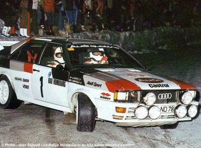 Hannu Mikkola - Arne Hertz
50º Rallye Automobile de Monte-Carlo 1982. Audi Quattro (IN-ND 78). Clasificado 2º.

Del 16 al 22 de Enero, Monte Carlo.
Superficie: asfalto - nieve.

El Rally tenia un total de 4082.71 km de los que 747.81 km divididos en 32 tramos eran especiales, (2 de ellas fueron canceladas SS7 Trigance - Chateauvieux 1 de 28,53 Km y SS15 St Jean en Royans - La Chapelle en Vercors de 38,67 Km).

Se inscribieron 306 equipos, tomaron la salida 299, finalizaron 140.@
Palabras clave: ;Audi;Quattro;Montecarlo;1982
