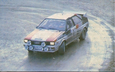 Hannu Mikkola - Arne Hertz
50º Rallye Automobile de Monte-Carlo 1982. Audi Quattro (IN-ND 78). Clasificado 2º.

Del 16 al 22 de Enero, Monte Carlo.
Superficie: asfalto - nieve.

El Rally tenia un total de 4082.71 km de los que 747.81 km divididos en 32 tramos eran especiales, (2 de ellas fueron canceladas SS7 Trigance - Chateauvieux 1 de 28,53 Km y SS15 St Jean en Royans - La Chapelle en Vercors de 38,67 Km).

Se inscribieron 306 equipos, tomaron la salida 299, finalizaron 140.@
Palabras clave: ;Audi;Quattro;Montecarlo;1982