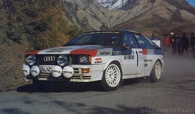 Hannu Mikkola - Arne Hertz
50º Rallye Automobile de Monte-Carlo 1982. Audi Quattro (IN-ND 78). Clasificado 2º.

Del 16 al 22 de Enero, Monte Carlo.
Superficie: asfalto - nieve.

El Rally tenia un total de 4082.71 km de los que 747.81 km divididos en 32 tramos eran especiales, (2 de ellas fueron canceladas SS7 Trigance - Chateauvieux 1 de 28,53 Km y SS15 St Jean en Royans - La Chapelle en Vercors de 38,67 Km).

Se inscribieron 306 equipos, tomaron la salida 299, finalizaron 140.@
Palabras clave: ;Audi;Quattro;Montecarlo;1982