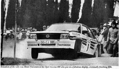 Henri Toivonen - Fred Gallagher
24º Rally de Sanremo 1982. Opel Ascona 400 (GG-CJ 991). Clasificado 5º.

Revista AUTOSPORT, (traducción texto inferior):
"La sensación del Rally fue Henri Toivonen con su Opel, que hizo una fabulosa exhibición y finalmente terminó 5º".

Del 3 al 9 de Octubre, Sanremo, Italia.
Superficie: asfalto - tierra. 
El Rally tenia un total de 2663 km de los que 735.44 km divididos en 56 tramos eran especiales.
Tomaron la salida 90 equipos, finalizaron 27.@
Palabras clave: Henri_Toivonen;Opel;Ascona;Sanremo;1982